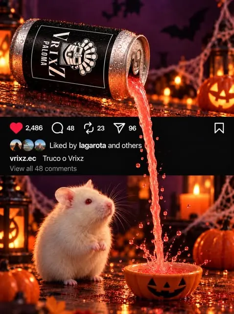 Lata negra de VRIXZ Paloma sirviendo un chorro rosado junto a un hámster blanco, decoración de Halloween