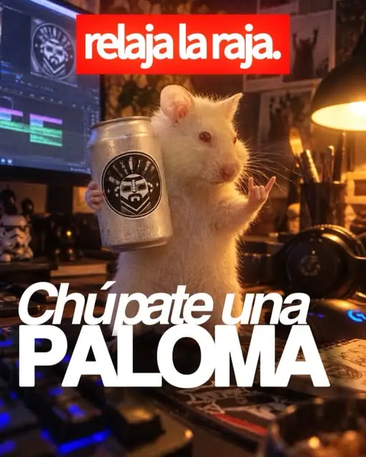 Hámster blanco abrazando una lata plateada de VRIXZ, meme 'relaja la raja'